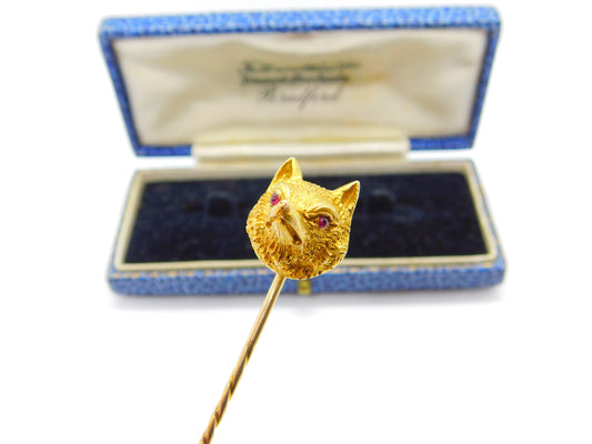 Large Victorian 18ct Yellow Gold & Ruby Eye Fox Mask Stick Pin Antique c1890