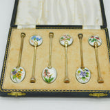 Boxed Set of Sterling Silver Gilt & Enamel Floral Teaspoons Vintage Birmingham