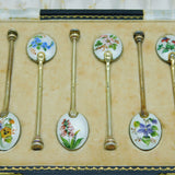 Boxed Set of Sterling Silver Gilt & Enamel Floral Teaspoons Vintage Birmingham