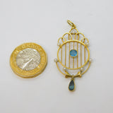 Edwardian 15ct Yellow Gold, Pearl & Blue Topaz Lavalier Drop Pendant Antique