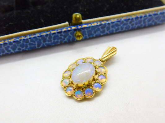 9ct Yellow Gold & Water or Jelly Opal Floral Pendant Vintage 1991 London