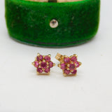 Pair of 9ct Yellow Gold & Ruby Set Floral Cluster Stud Earrings Vintage c1970