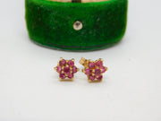 Pair of 9ct Yellow Gold & Ruby Set Floral Cluster Stud Earrings Vintage c1970