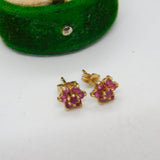 Pair of 9ct Yellow Gold & Ruby Set Floral Cluster Stud Earrings Vintage c1970