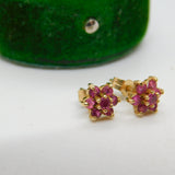 Pair of 9ct Yellow Gold & Ruby Set Floral Cluster Stud Earrings Vintage c1970