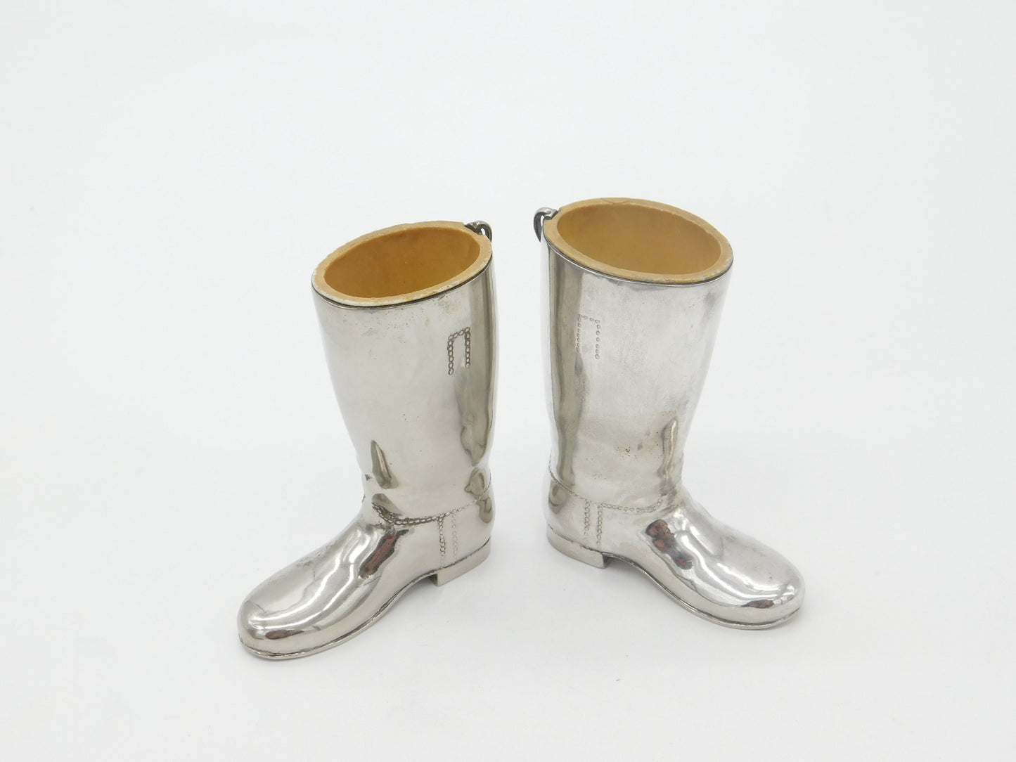 Pair of English Silver Plated Riding Boot Shot Stirrup Cups Antique c1940