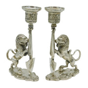 Victorian Cast Pair of Silver Plated Heraldic Lion Candlesticks Antique London