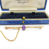 Edwardian 9ct Gold & Amethyst Set Bar Brooch Antique c1910