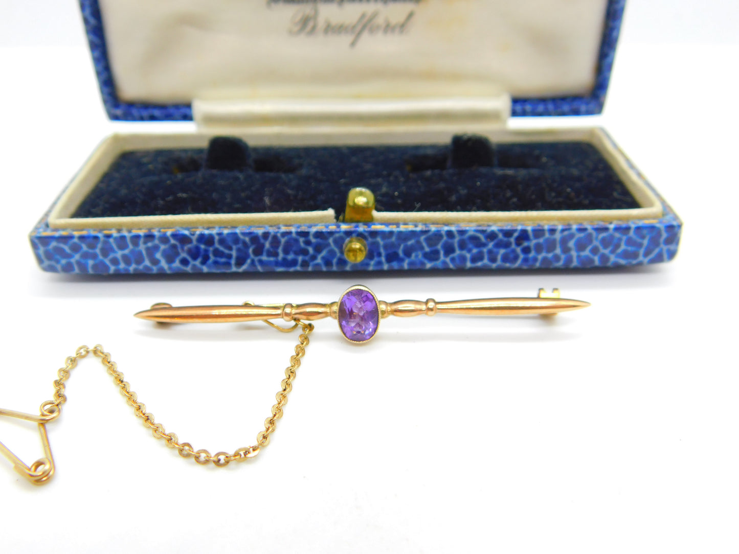 Edwardian 9ct Gold & Amethyst Set Bar Brooch Antique c1910