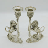Victorian Cast Pair of Silver Plated Heraldic Lion Candlesticks Antique London