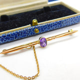 Edwardian 9ct Gold & Amethyst Set Bar Brooch Antique c1910