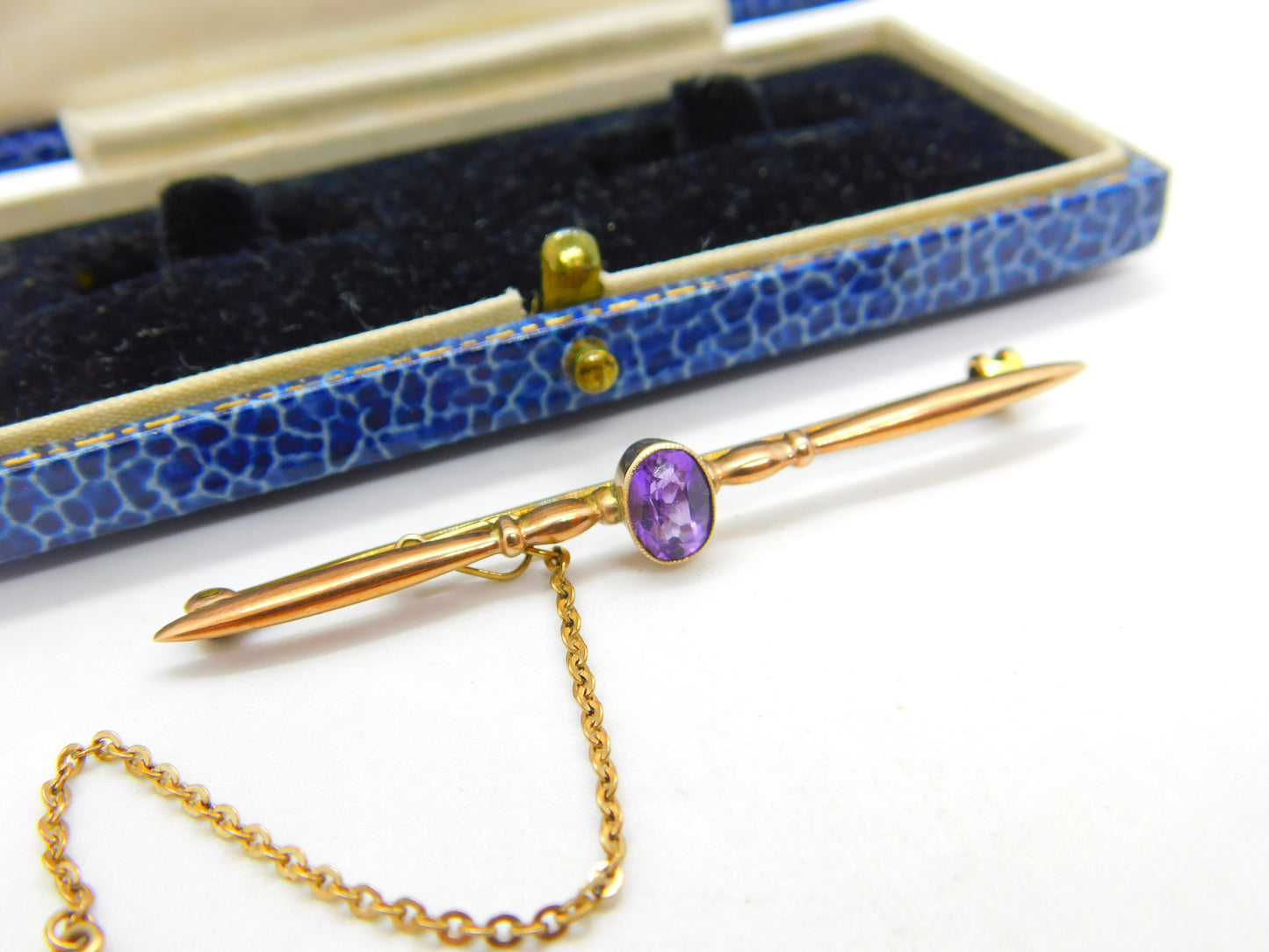 Edwardian 9ct Gold & Amethyst Set Bar Brooch Antique c1910