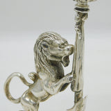 Victorian Cast Pair of Silver Plated Heraldic Lion Candlesticks Antique London