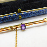 Edwardian 9ct Gold & Amethyst Set Bar Brooch Antique c1910