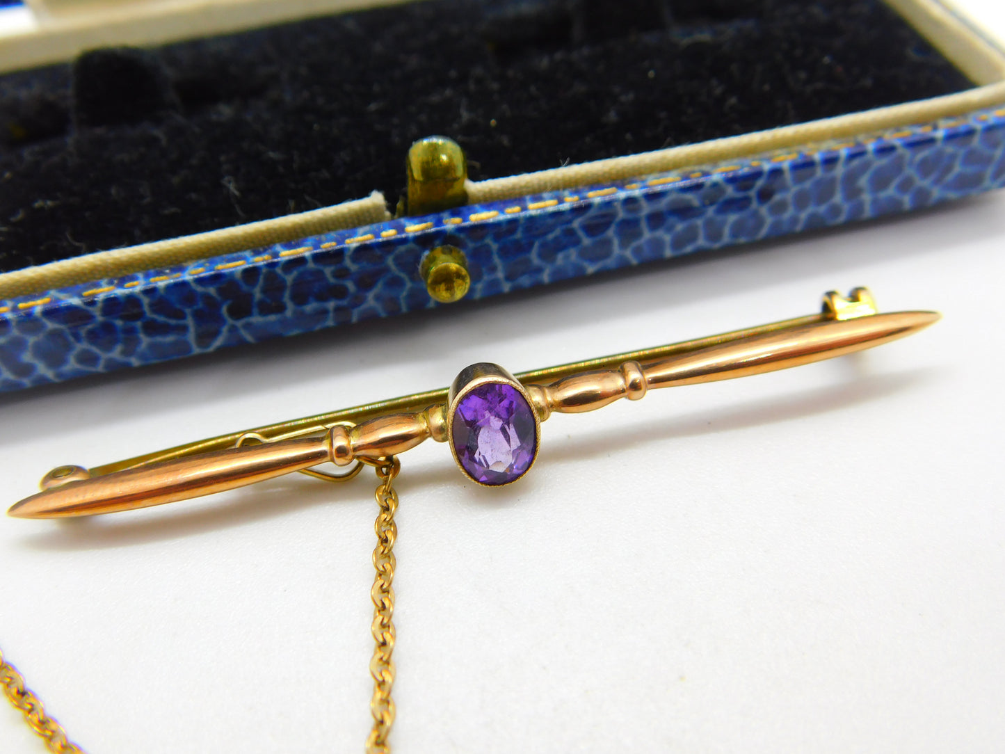 Edwardian 9ct Gold & Amethyst Set Bar Brooch Antique c1910