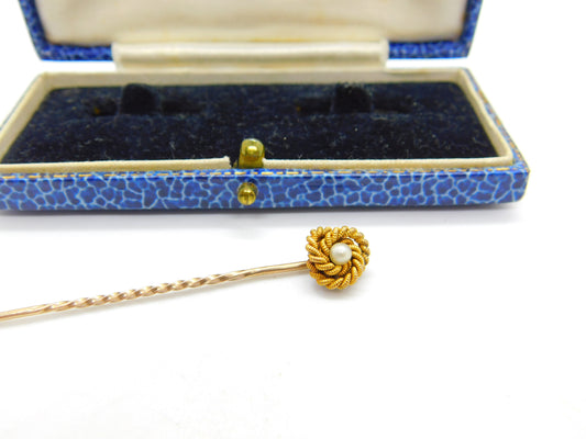 15ct Yellow Gold & Pearl Set Lovers Knot Stick Pin Antique c1910 Edwardian