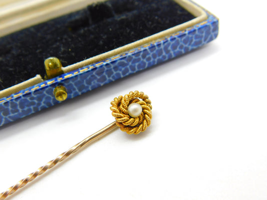 15ct Yellow Gold & Pearl Set Lovers Knot Stick Pin Antique c1910 Edwardian