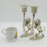 Victorian Cast Pair of Silver Plated Heraldic Lion Candlesticks Antique London