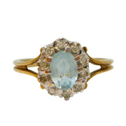 9ct Yellow Gold, Aquamarine & Diamond Floral Cluster Ring Vintage 1988 London
