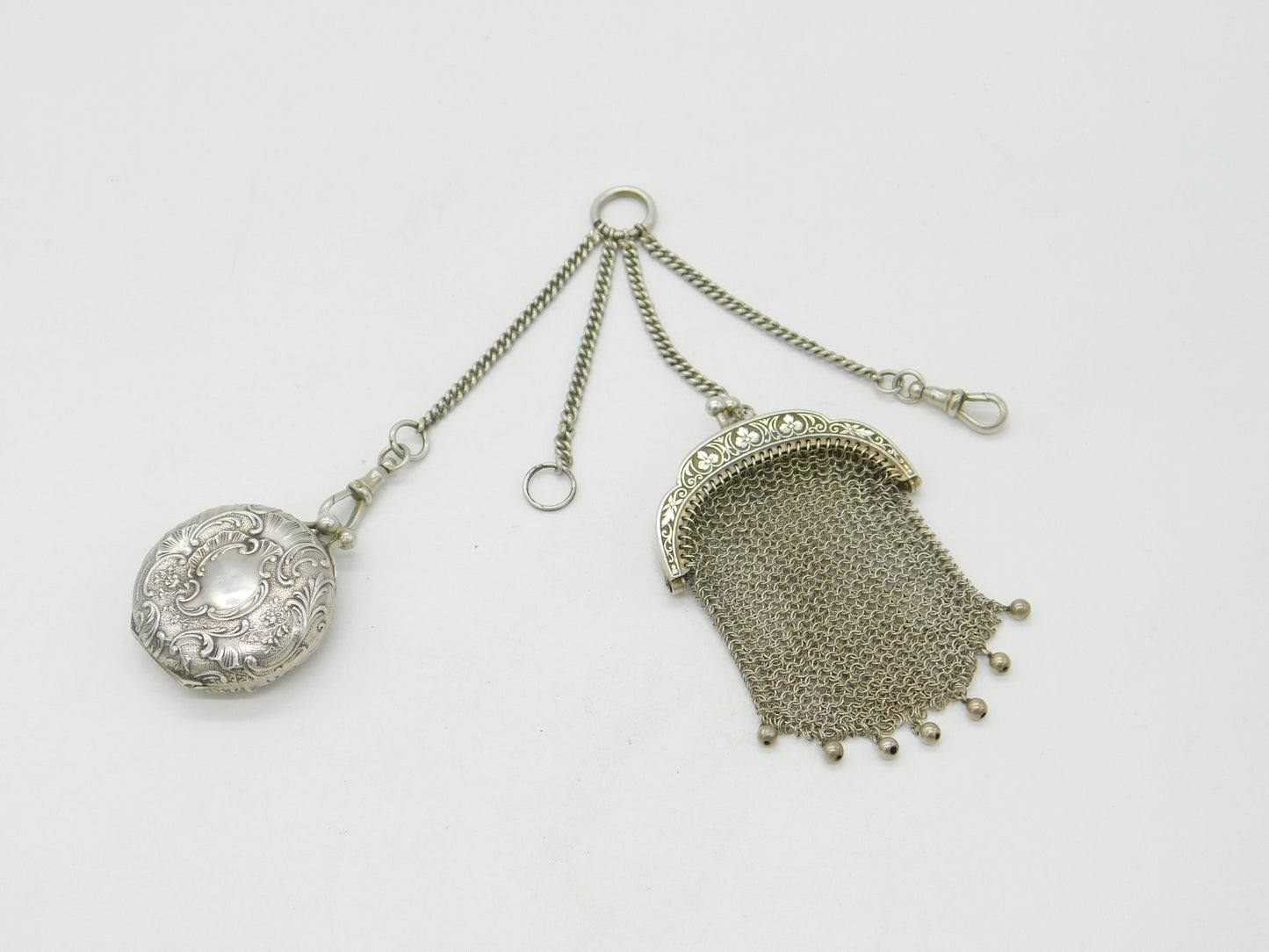 Art Deco Sterling Silver Ladies Chatelaine with Compact & Purse c1920 Antique