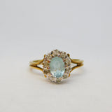 9ct Yellow Gold, Aquamarine & Diamond Floral Cluster Ring Vintage 1988 London
