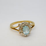 9ct Yellow Gold, Aquamarine & Diamond Floral Cluster Ring Vintage 1988 London