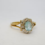 9ct Yellow Gold, Aquamarine & Diamond Floral Cluster Ring Vintage 1988 London