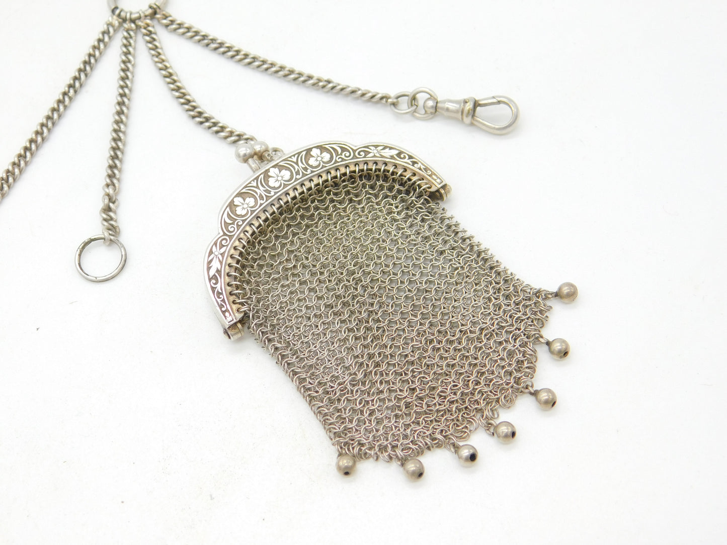 Art Deco Sterling Silver Ladies Chatelaine with Compact & Purse c1920 Antique