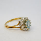 9ct Yellow Gold, Aquamarine & Diamond Floral Cluster Ring Vintage 1988 London