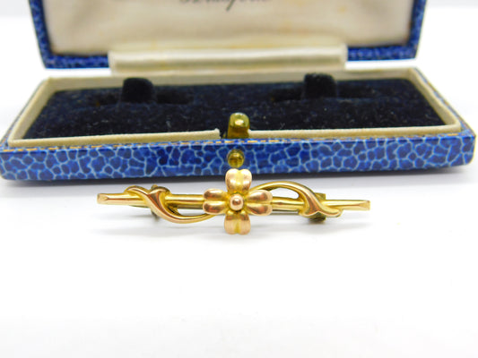 Edwardian 9ct Yellow Gold Shamrock & Floral Good Luck Brooch c1910