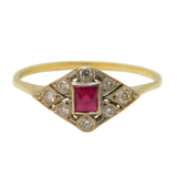 Art Deco 18ct Yellow Gold, Square-Cut Ruby & Diamond Dress Ring Antique