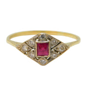 Art Deco 18ct Yellow Gold, Square-Cut Ruby & Diamond Dress Ring Antique