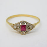 Art Deco 18ct Yellow Gold, Square-Cut Ruby & Diamond Dress Ring Antique