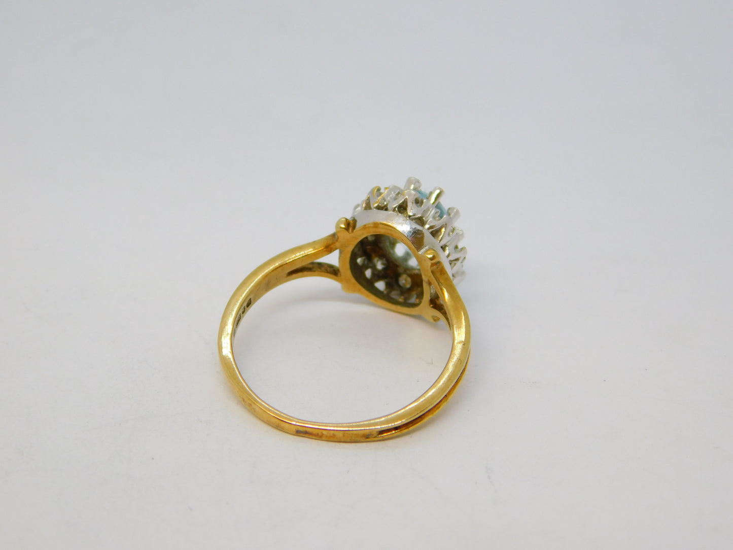 9ct Yellow Gold, Aquamarine & Diamond Floral Cluster Ring Vintage 1988 London
