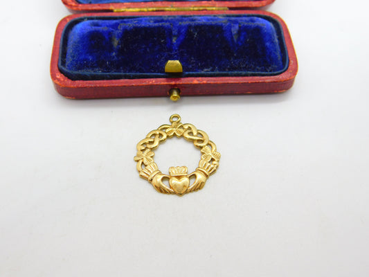 9ct Yellow Gold Irish Claddagh Sweetheart Drop Pendant Vintage c1990