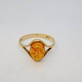 9ct Yellow Gold & Cabochon Cut Baltic Amber Dress Ring Vintage London c1990