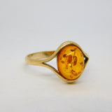9ct Yellow Gold & Cabochon Cut Baltic Amber Dress Ring Vintage London c1990