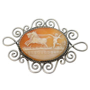 Victorian Large Sterling Silver Cherub & Horses Cameo Brooch Antique