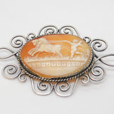 Victorian Large Sterling Silver Cherub & Horses Cameo Brooch Antique