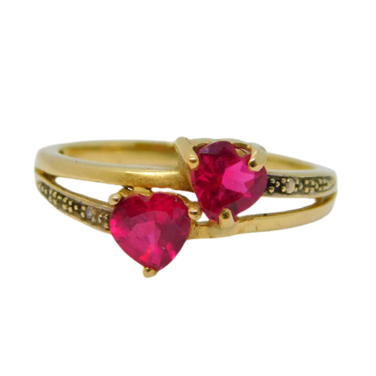 10ct Yellow Gold, Heart Cut Ruby & Diamond Crossover Ring Vintage c2000