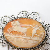 Victorian Large Sterling Silver Cherub & Horses Cameo Brooch Antique