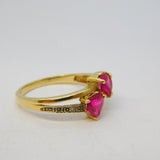 10ct Yellow Gold, Heart Cut Ruby & Diamond Crossover Ring Vintage c2000