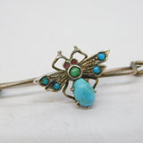 Edwardian Sterling Silver, Turquoise & Garnet Insect Bug Brooch Antique