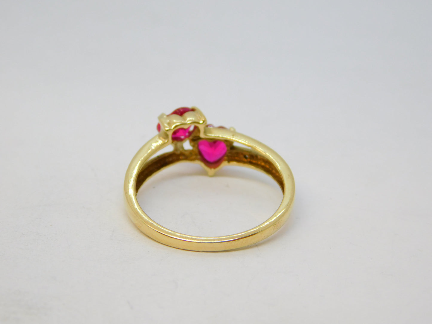 10ct Yellow Gold, Heart Cut Ruby & Diamond Crossover Ring Vintage c2000