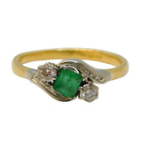 18ct Gold, Square-Cut Emerald & Diamond Crossover Ring Antique Art Deco
