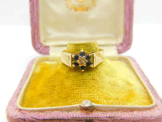 9ct Yellow Gold, Sapphire & Diamond Floral Cluster Ring 1978 London Vintage