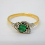 18ct Gold, Square-Cut Emerald & Diamond Crossover Ring Antique Art Deco