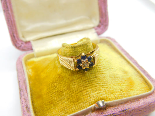 9ct Yellow Gold, Sapphire & Diamond Floral Cluster Ring 1978 London Vintage