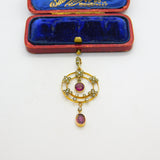 Edwardian 9ct Gold, Seed Pearl & Garnet Lavalier Drop Pendant c1910 Antique