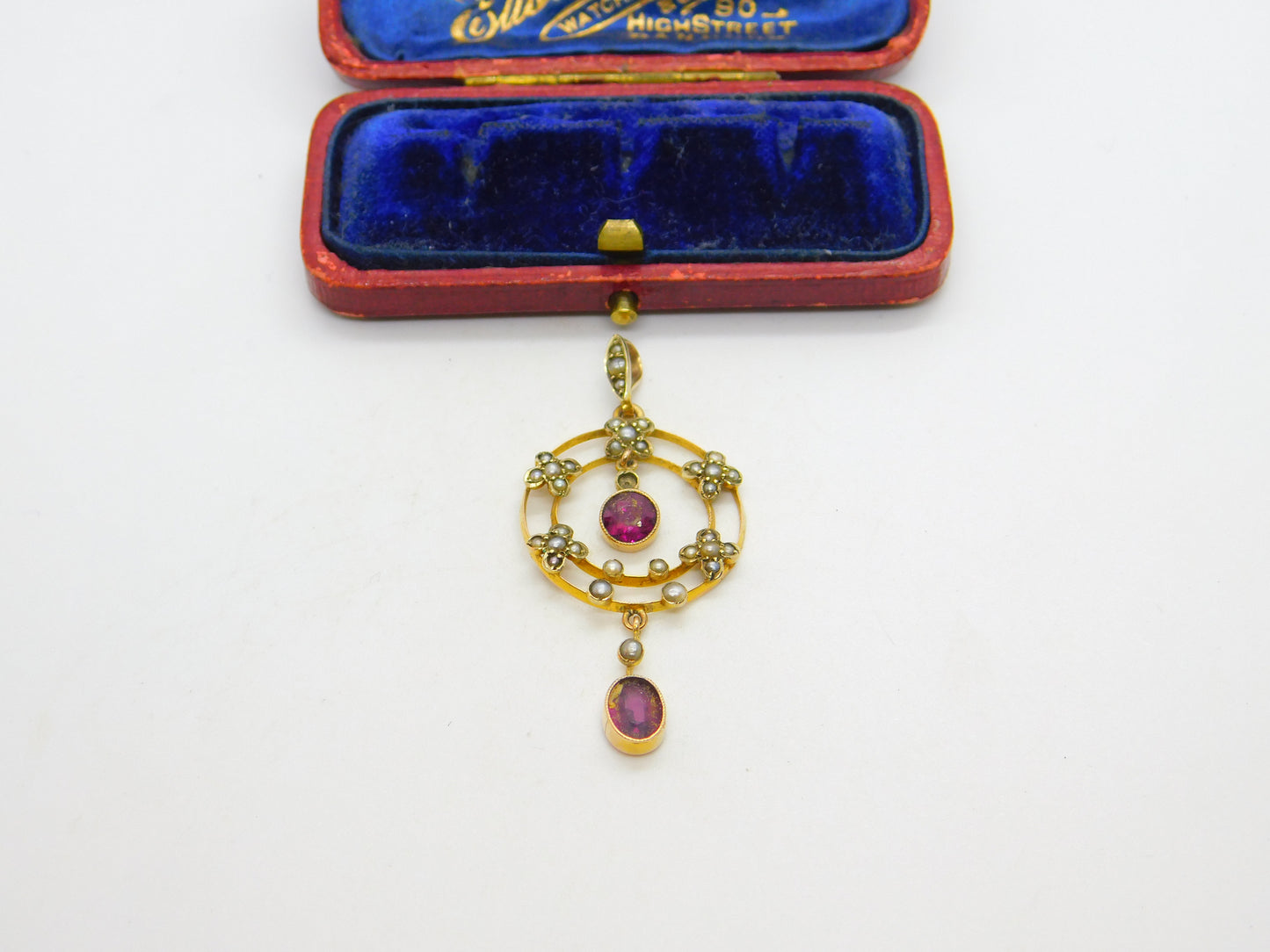 Edwardian 9ct Gold, Seed Pearl & Garnet Lavalier Drop Pendant c1910 Antique